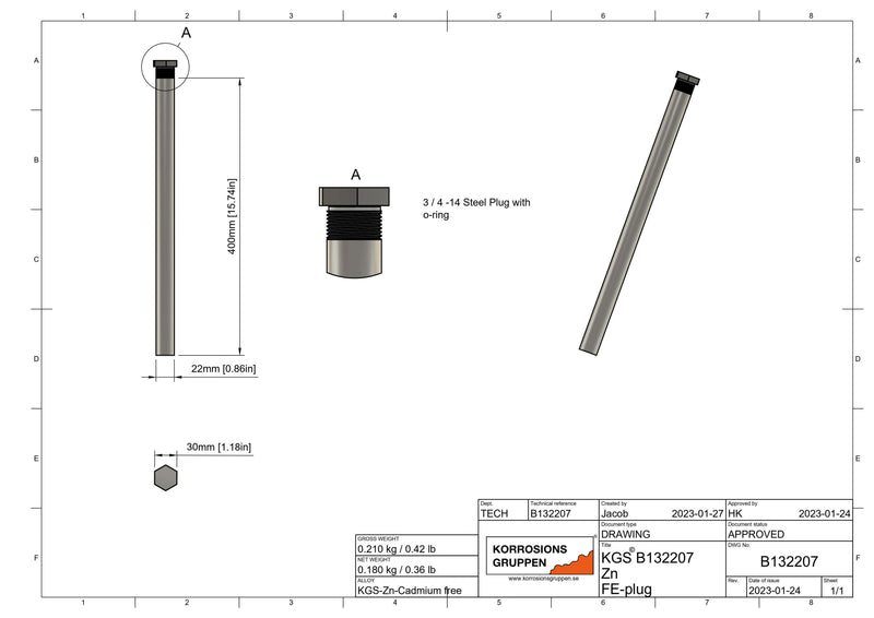 Zinkanoden-Wassererhitzer ø20*400mm 3/4" (R20) Gewinde, cadmiumfrei, B132207