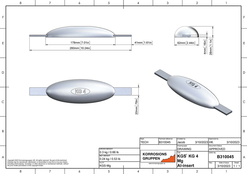 Magnesiumanode TYP 4 AL - 178*62*28, (260mm), ca 0.3kg/0,66lb, AZ63-1,5VDc